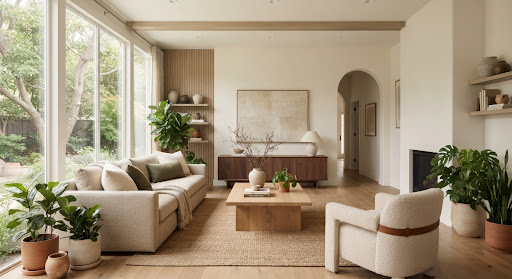 Bright modern living room with natural light, plants, and warm wood finishes